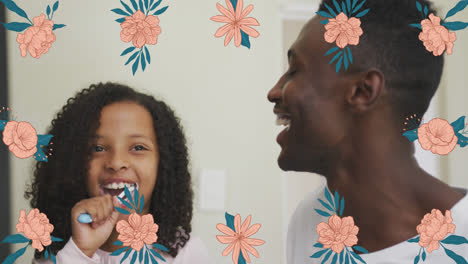 Animation-of-flowers-over-happy-african-american-father-and-daughter-brushing-teeth