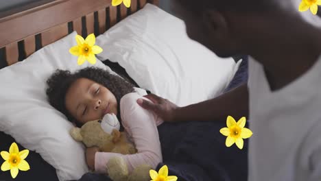 Animation-of-flowers-over-african-american-father-waking-up-his-daughter