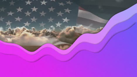 Animación-De-Una-Forma-Morada-Moviéndose-Sobre-La-Bandera-De-Estados-Unidos-Ondeando-Sobre-Las-Nubes.