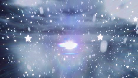 Animation-of-snow-and-stars-falling-over-winter-scenery