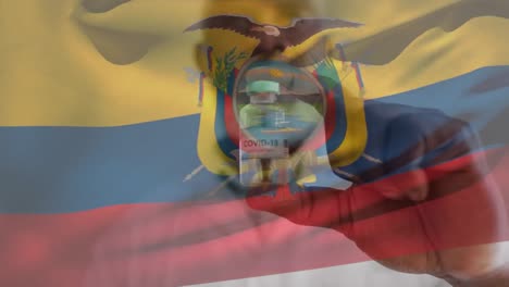 Animación-De-La-Bandera-Del-Ecuador-Ondeando-Sobre-Un-Médico-Con-Mascarilla-Y-Sosteniendo-La-Vacuna