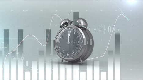 Animation-of-alarm-clock-ringing-twelve-o'clock-over-statistics-and-financial-data-processing