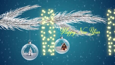 Animation-of-snow-falling-over-happy-new-year-text-with-fir-tree,-baubles-and-fairy-lights