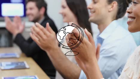 Animation-of-rotating-globe-over-happy-group-of-diverse-business-colleagues-clapping-hands