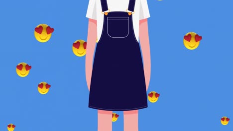 Animation-of-girl-with-face-mask-and-emoji-icons-on-blue-background