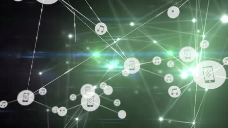 Animation-of-network-of-connections-with-icons-over-gloving-lights-on-dark-background