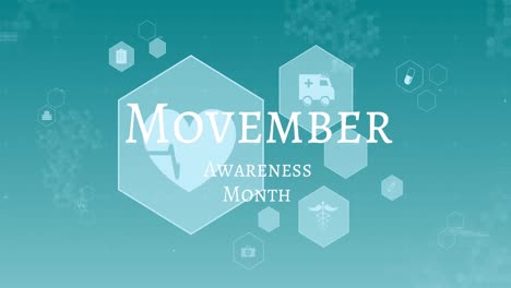 Animation-of-movember-awareness-month-text-over-medical-icons-in-hexagons-on-blue-background