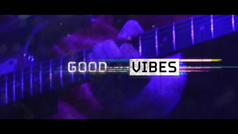 Animation-of-vibes-in-black-and-white-text-with-colourful-distortion-over-electric-guitar-player
