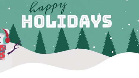 Animation-of-happy-holidays-text,-christmas-greeting-over-winter-scenery-with-snowmen