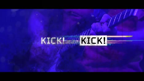 Animation-of-kick-in-black-and-white-text-with-colourful-distortion-over-electric-guitar-player