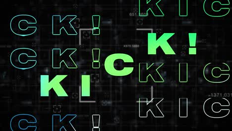 Animation-of-kick-in-green-and-blue-text-with-scope-and-data-processing-on-black-background