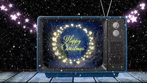 Animation-of-happy-christmas-text-in-tv-over-fairy-lights-and-snow-falling