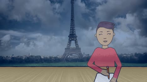 Animación-De-Un-Niño-Chino-Escribiendo-En-Un-Cuaderno-Sobre-La-Torre-Eiffel-En-El-Fondo
