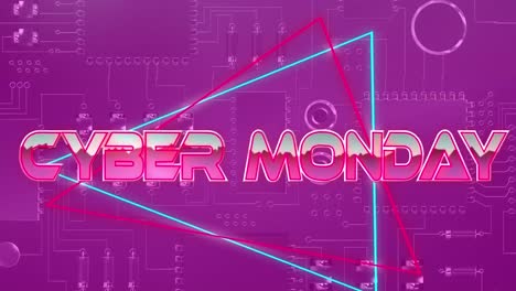 Animation-of-cyber-monday-text-over-geometrical-shapes-and-processor-cores