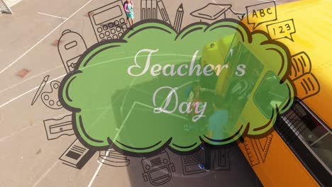 Animation-of-happy-teachers-day-text-over-diverse-schoolchildren-running-and-school-bus