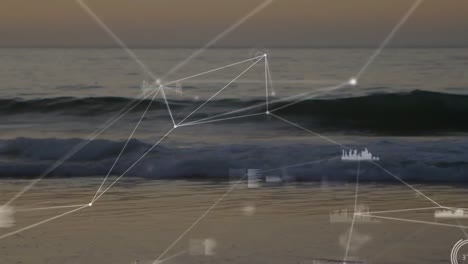 Animation-of-data-processing-and-networks-of-connections-over-empty-beach