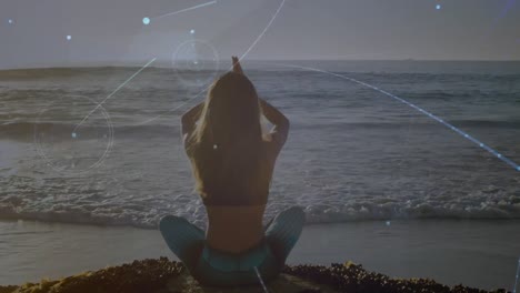 Animación-De-Redes-De-Conexiones-Sobre-Mujeres-Caucásicas-Practicando-Yoga-En-La-Playa