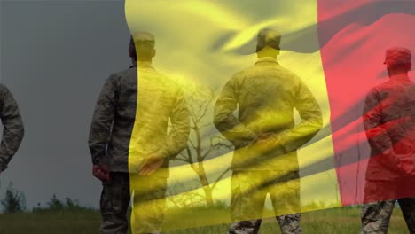 Animation-of-flag-of-belgium-over-diverse-male-soldiers