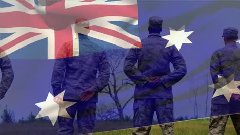 Animation-of-flag-of-australia-over-diverse-male-soldiers