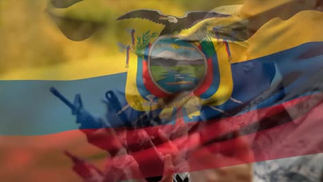 Animation-of-flag-of-equador-over-diverse-male-soldiers