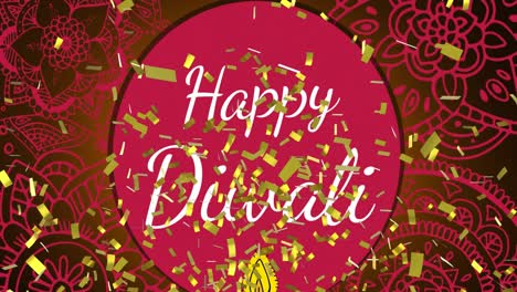 Animation-of-happy-diwali-over-golden-confetti-and-red-circle-on-red-background
