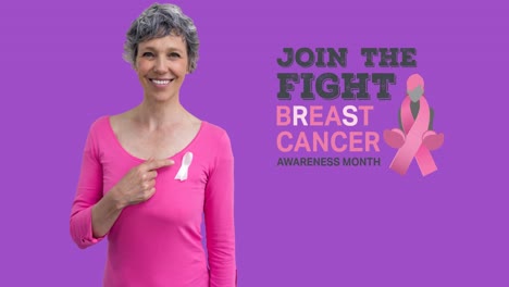 Animation-of-breast-cancer-awareness-text-over-smiling-caucasian-woman-on-purple-background