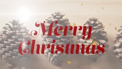 Animation-of-merry-christmas-text-over-pine-cones-in-background