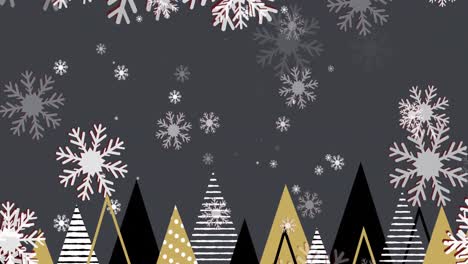 Animation-of-snowflakes-falling-over-christmas-trees-on-dark-grey-background