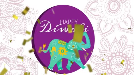 Animation-of-happy-diwali-over-golden-confetti-and-circle-with-elephant-on-white-background