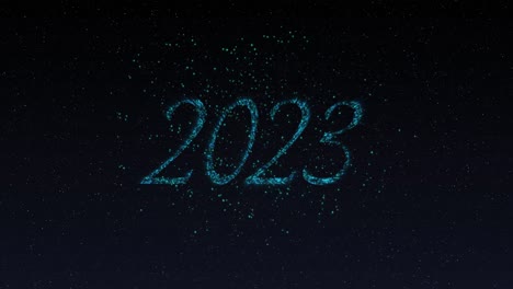 Animation-of-2023-in-shimmering-blue-letters-and-fireworks