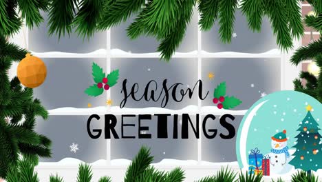 Animation-of-season-greetings-text-over-snow-falling,-fir-trees-and-window