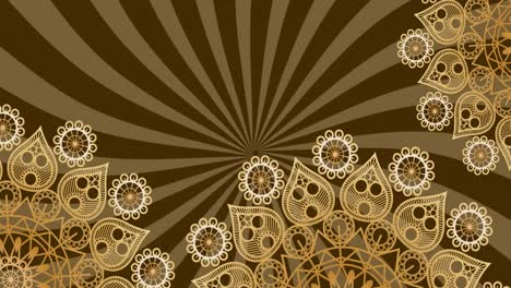 Animation-of-gold-patterned-circles-spinning-on-blue-and-beige-striped-background
