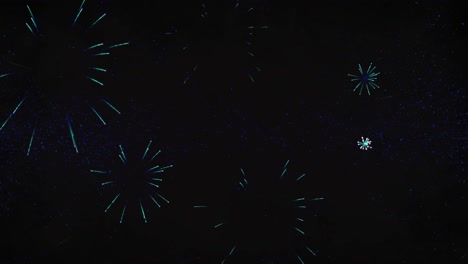 Animation-Von-Silvestergrüßen-Und-Explodierenden-Blauen-Feuerwerkskörpern-Auf-Schwarzem-Hintergrund