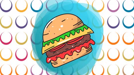 Animation-of-cheeseburger-on-blue-shape-over-colourful-rings-on-white-background