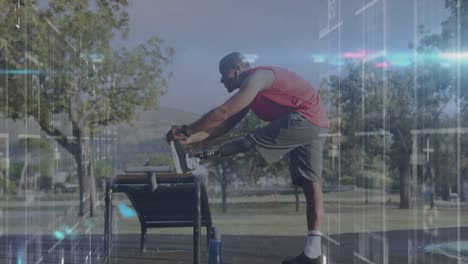 Animation-of-processing-data-over-male-athlete-with-prosthetic-leg-exercising-outdoors
