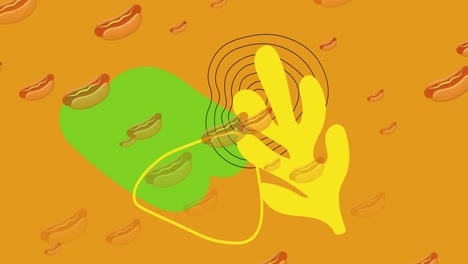 Animation-of-falling-hotdogs-with-yellow-and-green-shapes-and-contour-lines-on-yellow-background