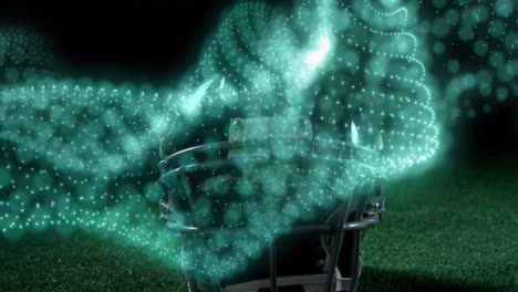 Animation-Eines-Leuchtenden-Netzwerks-Von-Molekülen,-Die-Sich-über-Den-American-Football-Helm-Bewegen