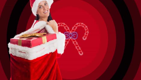 Animation-of-woman-in-santa-outfit-with-sack-of-christmas-presents-over-candy-canes-on-red-circles