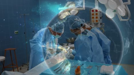 Animation-of-globe-with-network-of-connections-over-surgeons-in-face-masks