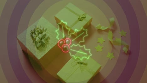 Animation-of-neon-berry-and-holy-over-christmas-presents-and-purple-circles