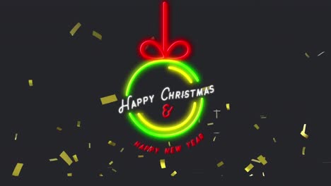 Animation-of-neon-christmas-greetings-over-decoration-and-confetti-falling-in-background