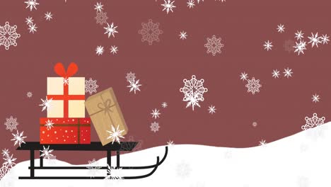 Animation-of-snow-falling-over-sleigh-and-christmas-presents