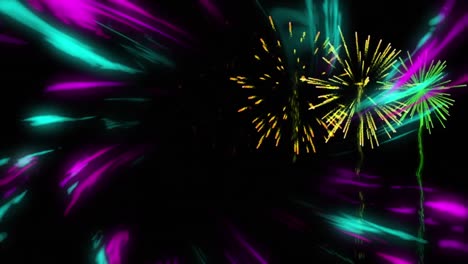 Animation-Eines-Silvesterfeuerwerks,-Das-über-Lichtspuren-Explodiert