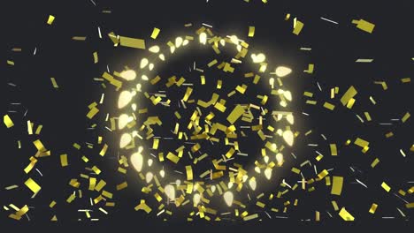 Animation-of-circle-of-glowing-christmas-fairy-lights-with-gold-confetti,-on-black