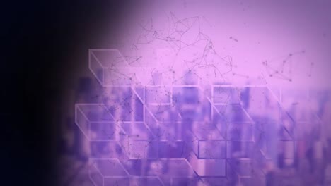 Animation-Eines-Rotierenden-Netzwerks-Und-Gestapelter-Blöcke-über-Einem-Violetten-Stadtbild