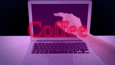 Animation-Von-Kaffeetext-In-Rot-Und-Netzwerken-über-Der-Hand,-Die-Auf-Den-Laptop-Bildschirm-Zeigt