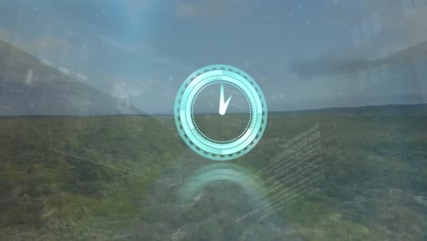 Animation-Einer-Bewegten-Uhr-Und-Datenverarbeitung-über-Der-Landschaft