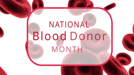 Animation-of-nation-blood-donor-month-text-over-red-blood-cells-on-white-background