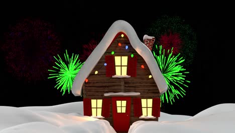 Animation-of-colourful-fireworks-exploding-over-house-in-snow-at-christmas,-on-black-background