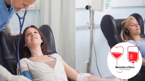 Animation-of-donate-blood-text-with-blood-bag-and-heart-logo,-over-smiling-female-nurse-and-donors
